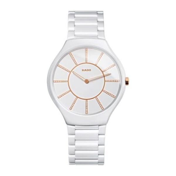 RADO True Thinline Jubile R27957702 White Ceramic Diamonds Rose Gold Quartz Swiss Mens