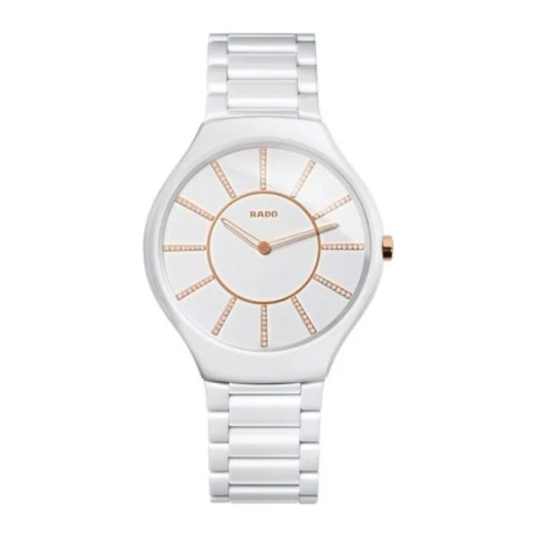 RADO True Thinline Jubile R27957702 White Ceramic Diamonds Rose Gold Quartz Swiss Mens