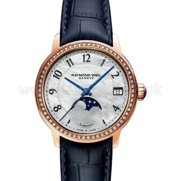 RAYMOND WEIL Maestro Moon Phase 2139-P5S-05909 MOP Dial Diamond Bezel Rose Gold PVD 34mm Automatic Swiss Ladies