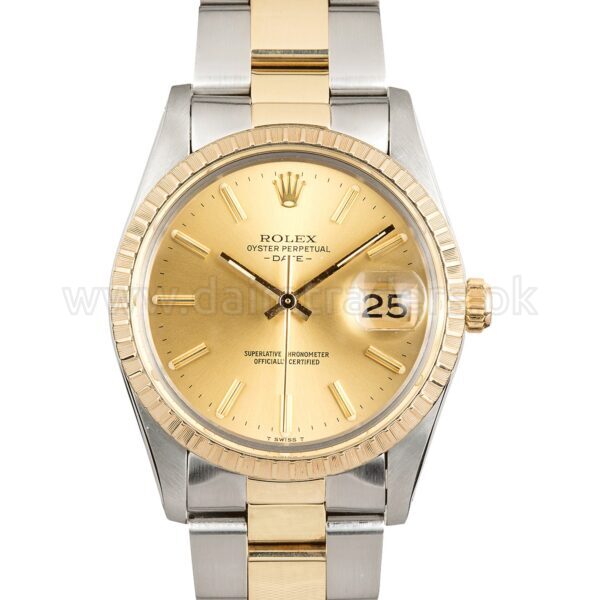 ROLEX Oyster Perpetual Date 15053 Two-Tone Yellow Gold Bezel 34mm Automatic Swiss Mens