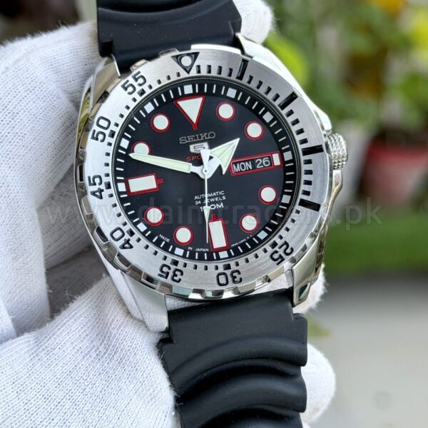 SEIKO 5 Sports SRP601J1 Black Red Dial Steel Bezel Rubber Automatic Japan Mens