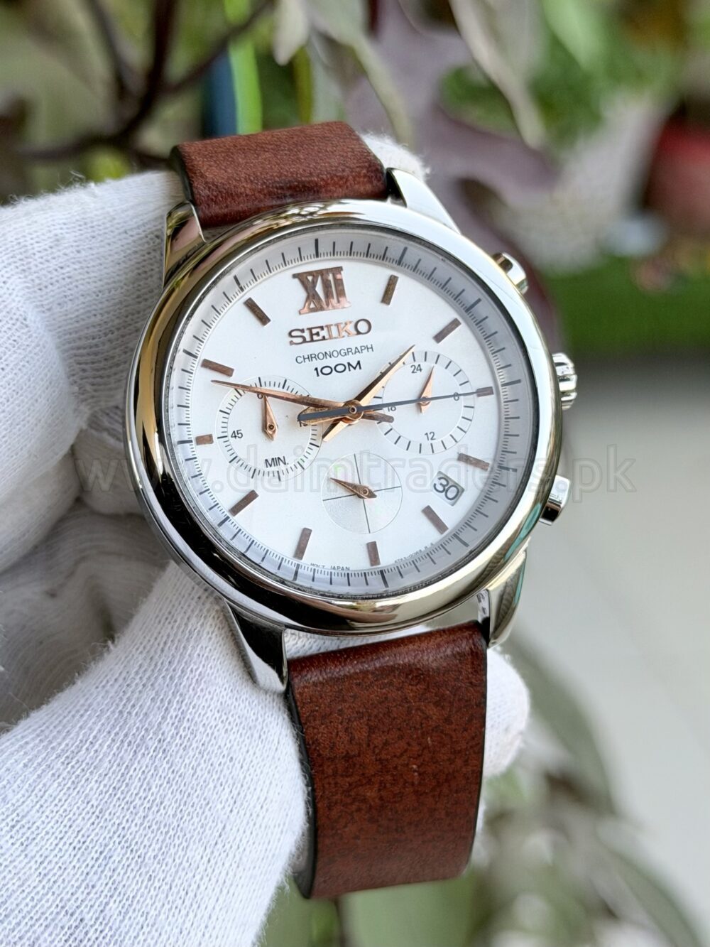 SEIKO Chronograph SSB143P1 Silver Dial Rose Gold Accents Leather Quartz Japan Mens