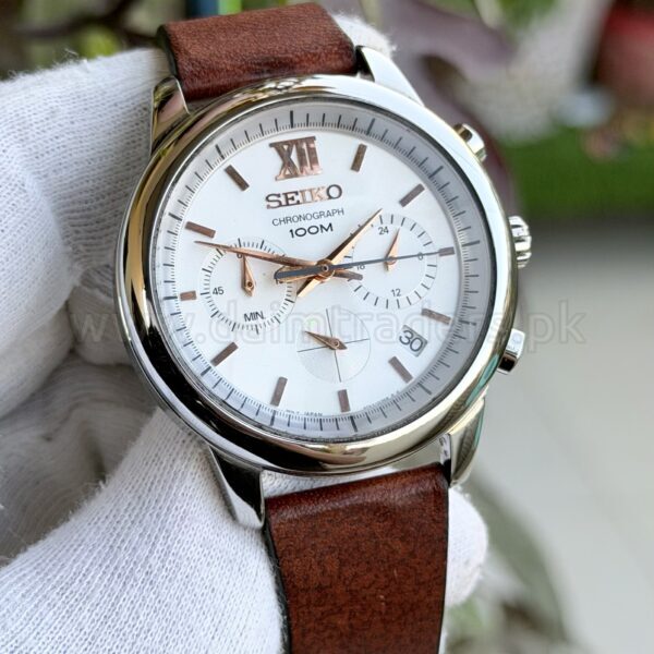 SEIKO Chronograph SSB143P1 Silver Dial Rose Gold Accents Leather Quartz Japan Mens